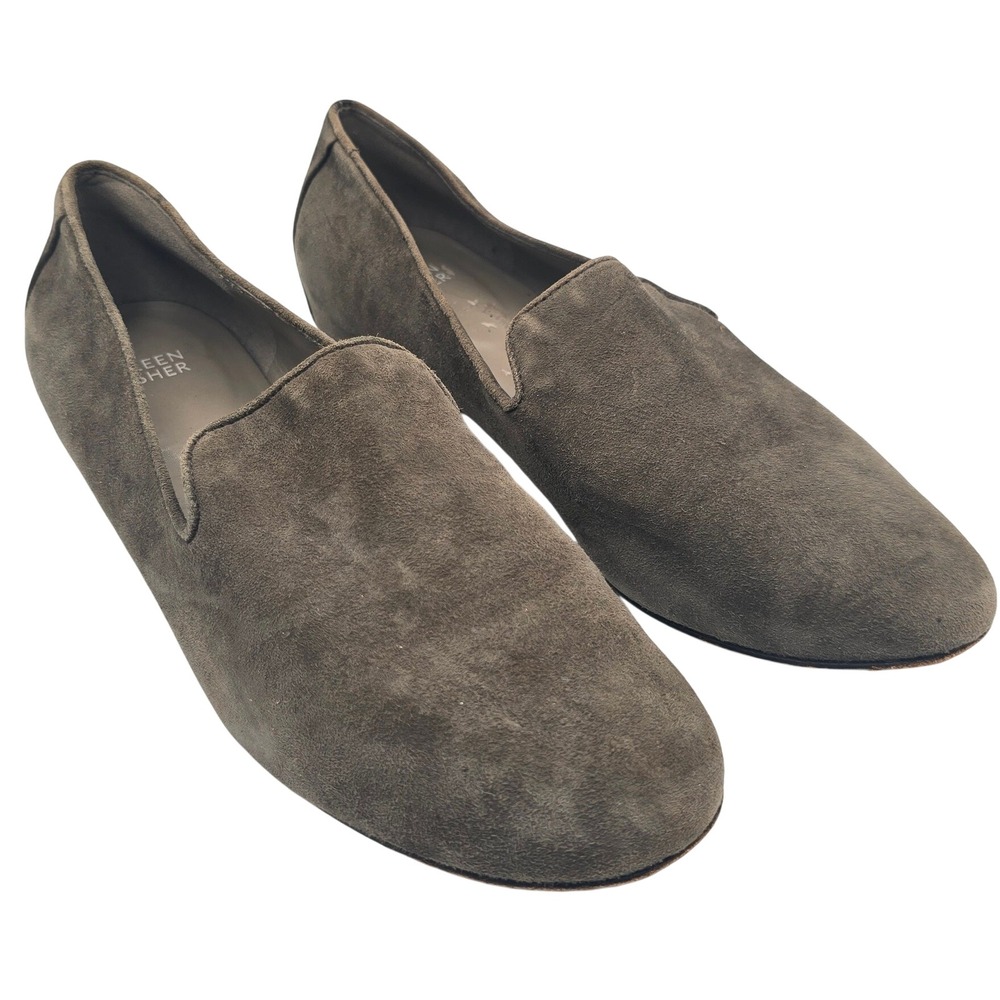 Eileen Fisher Womens Suede Smoking Loafers Olive Taupe Almond Toe Flats 9.5